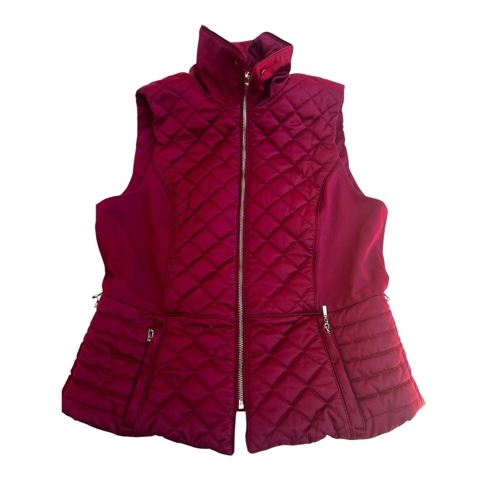 WHBM White House Black Market Quilted Puffer Vest Burgundy Stretch L Zip Pockets